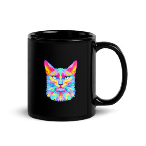 Schwarze glänzende Tasse mit bunter Katze